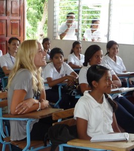 Malin Akerman learns alongside students of the Emprendedora School in Nicaragua.