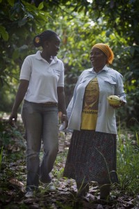 Agricultural finance officer Abena (left) with cocoa farmer Beatrice in the Ashanti region, Ghana.