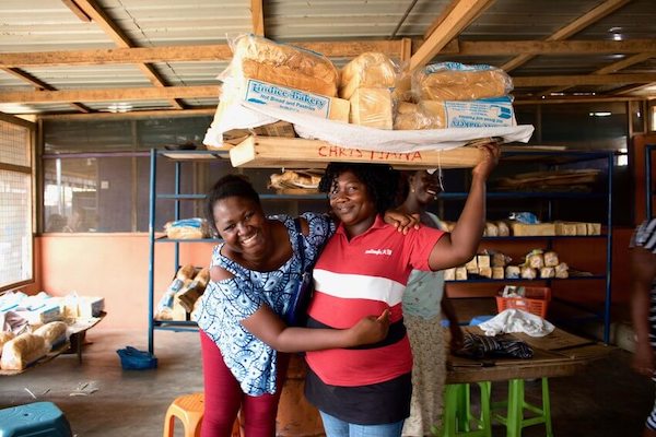 Linda Nyarko (left) and one of her employees at her bakery in Ghana