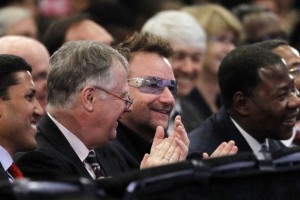 Bono in front row at Pres. Obama's address. (Photo: Pablo Martinez Monsivais/AP)