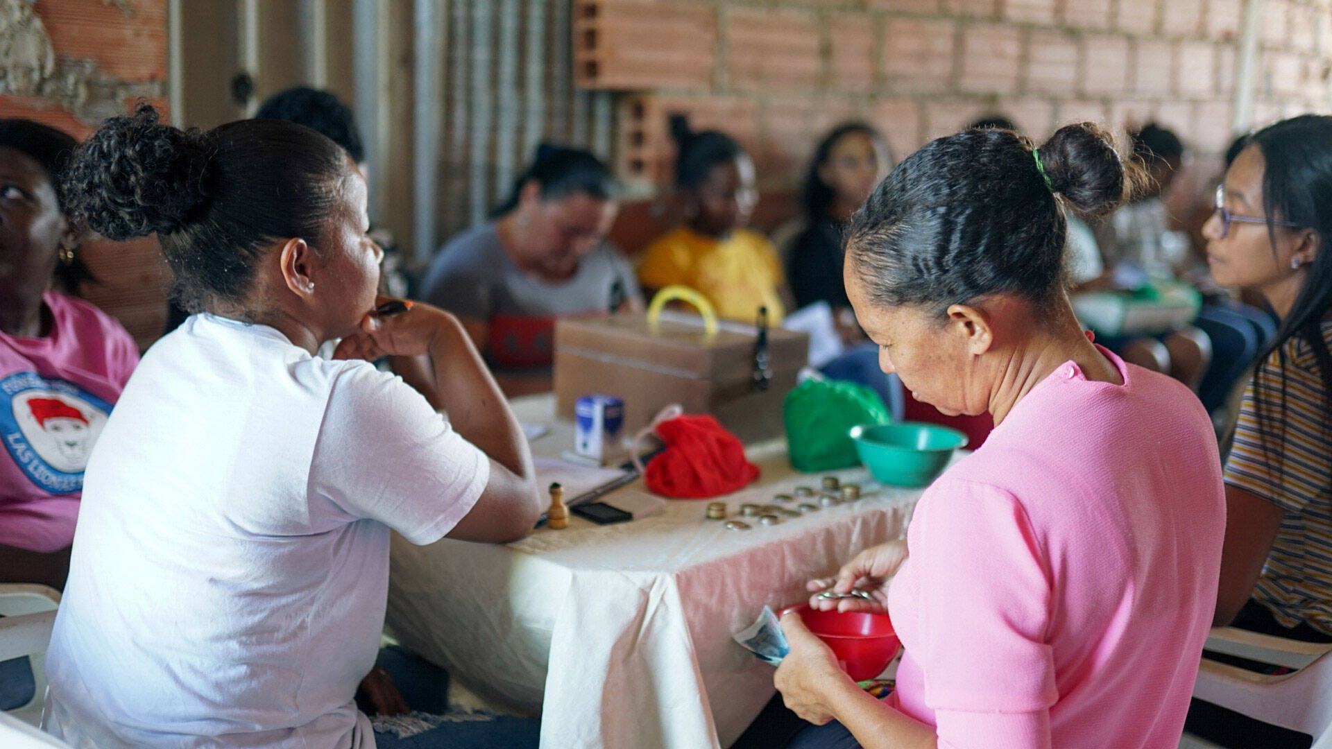Members of the “Seeds of Blessing” savings group count payments.